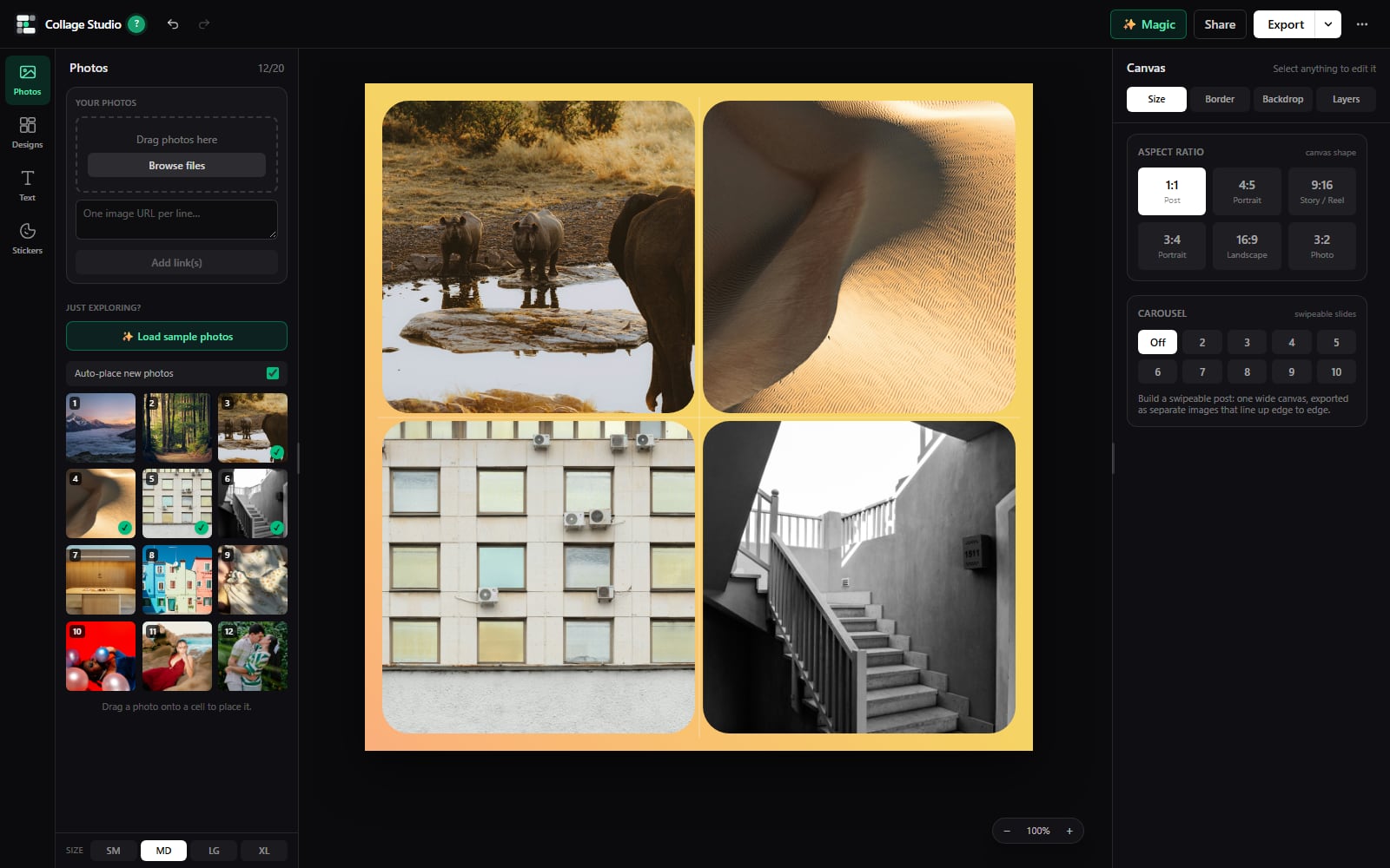 A four photo grid with rounded corners on a warm gradient