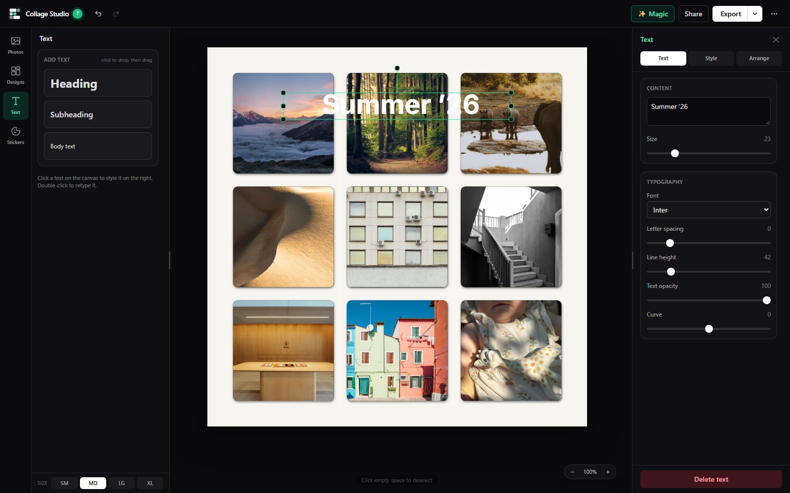 A caption being edited on a nine photo collage, with the text settings open