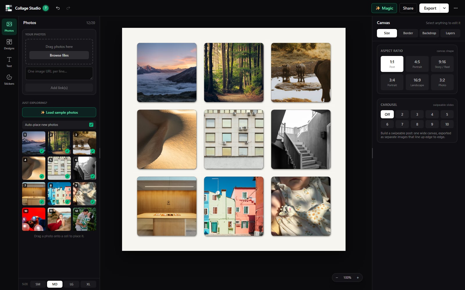 Collage Studio with nine photos set in a polaroid wall layout, the photo tray on the left and canvas settings on the right