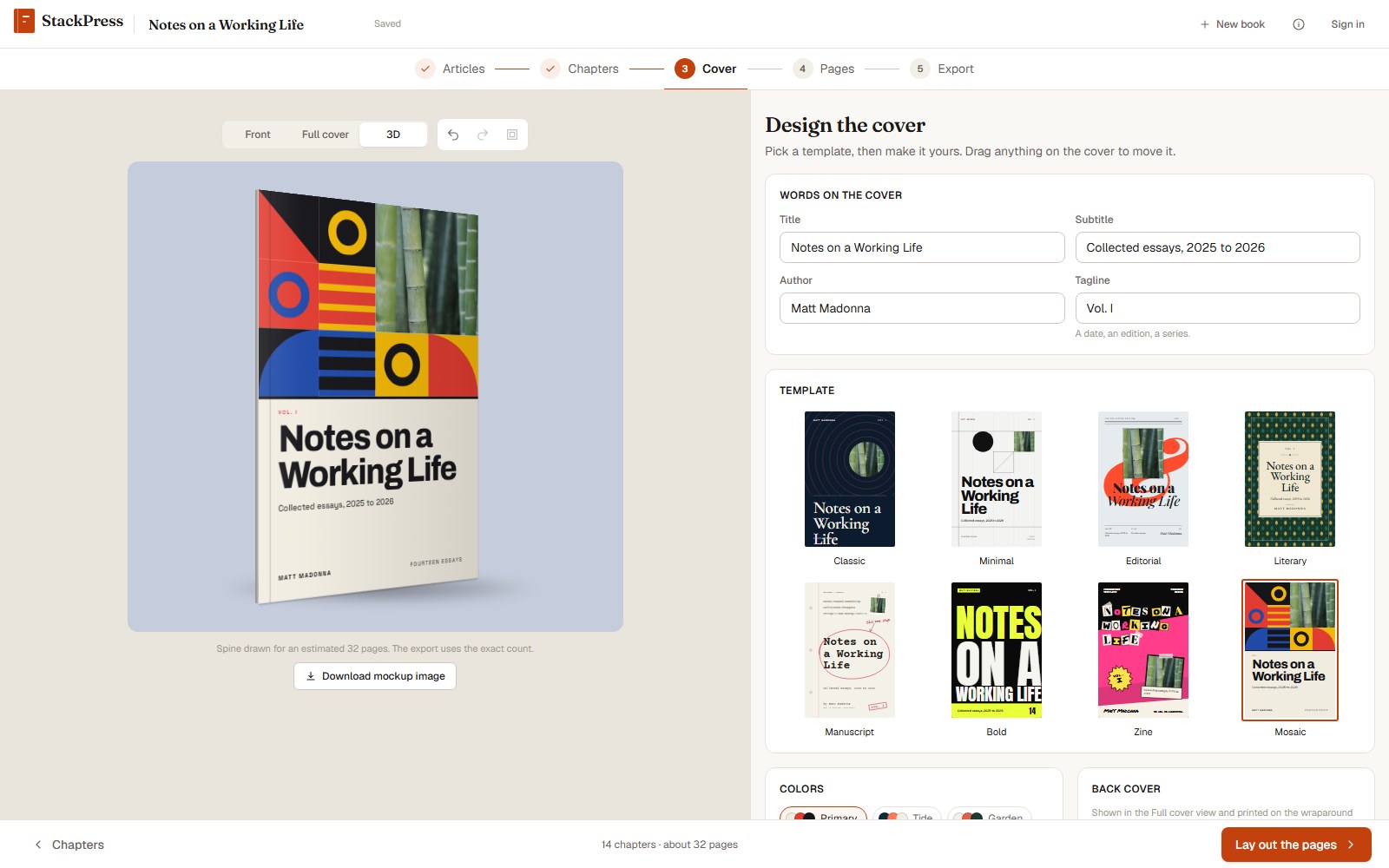 The finished book standing at an angle, shown as a 3D mockup