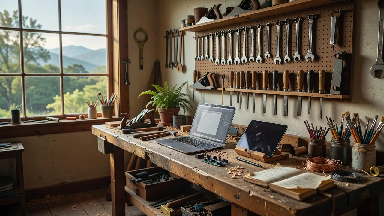 A rustic workshop bench: hand tools on a pegboard, a laptop, tablet, and a small circuit board among the wood shavings, with the Smoky Mountains through the window.
