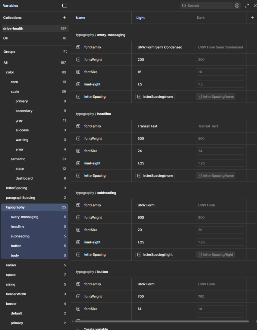 Figma variables — color system with core palette, primary/secondary scales, and utility colors
