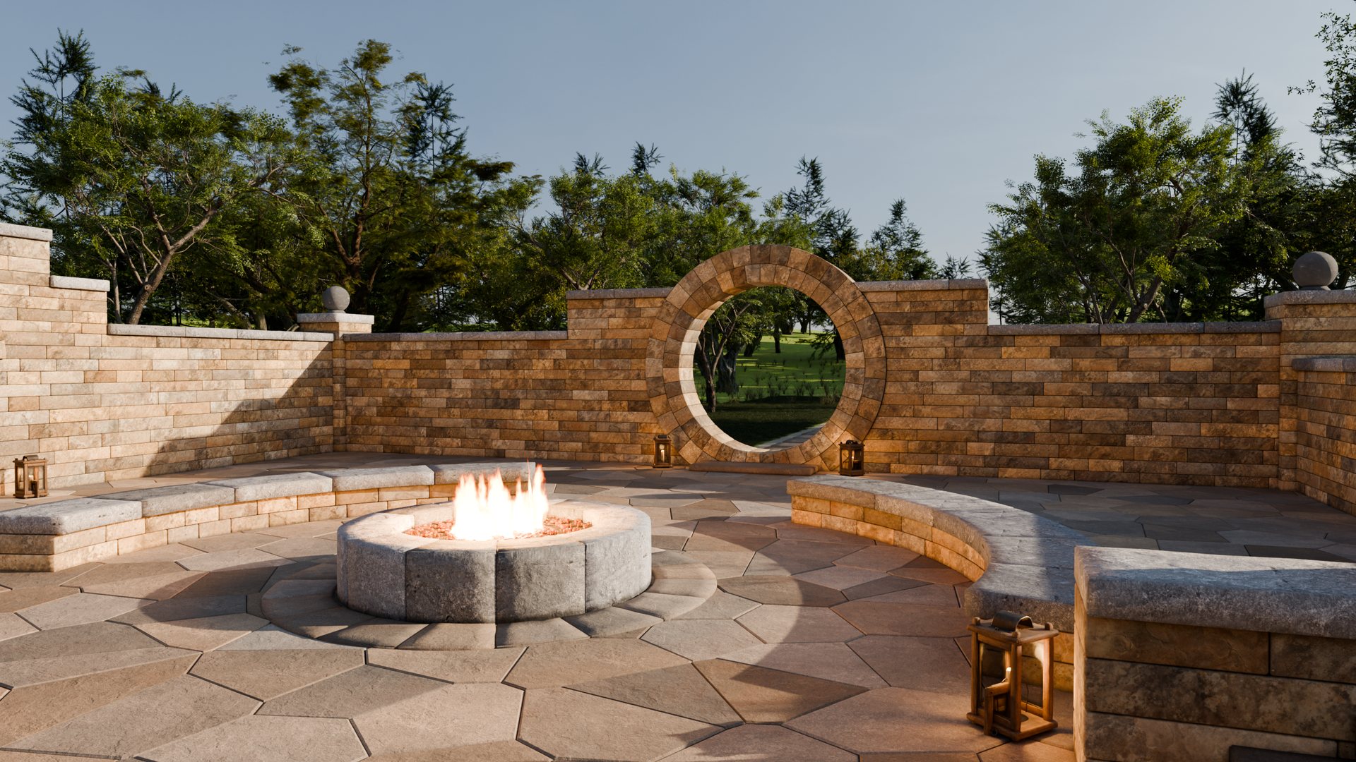 Inside the court: curved stone benches around a lit fire pit