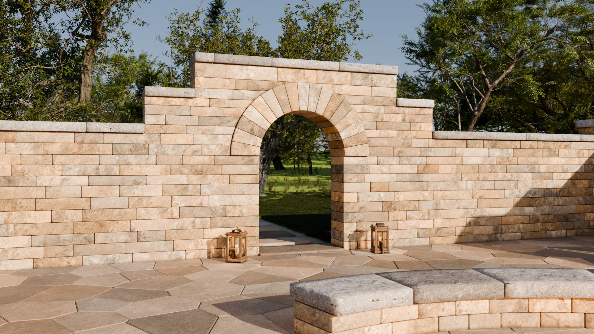 The arched doorway in the far wall, with lanterns at its foot