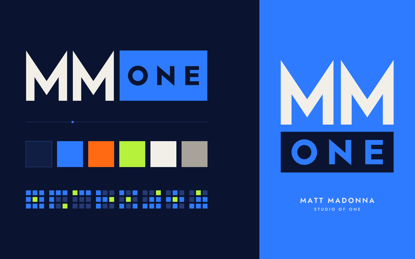 The MM One wide mark, the six brand colors, the discipline glyphs and the stacked mark on a blue card