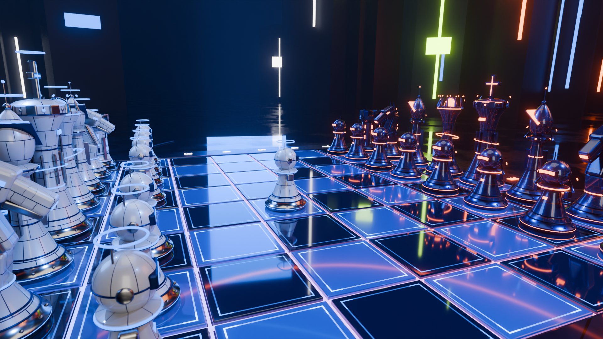 A white pawn stands alone on e4 between the two armies