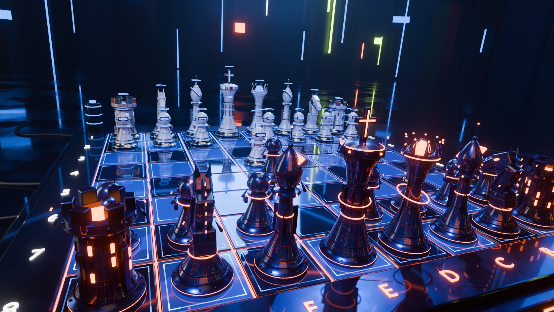 The view from behind the dark pieces as two pawns face each other