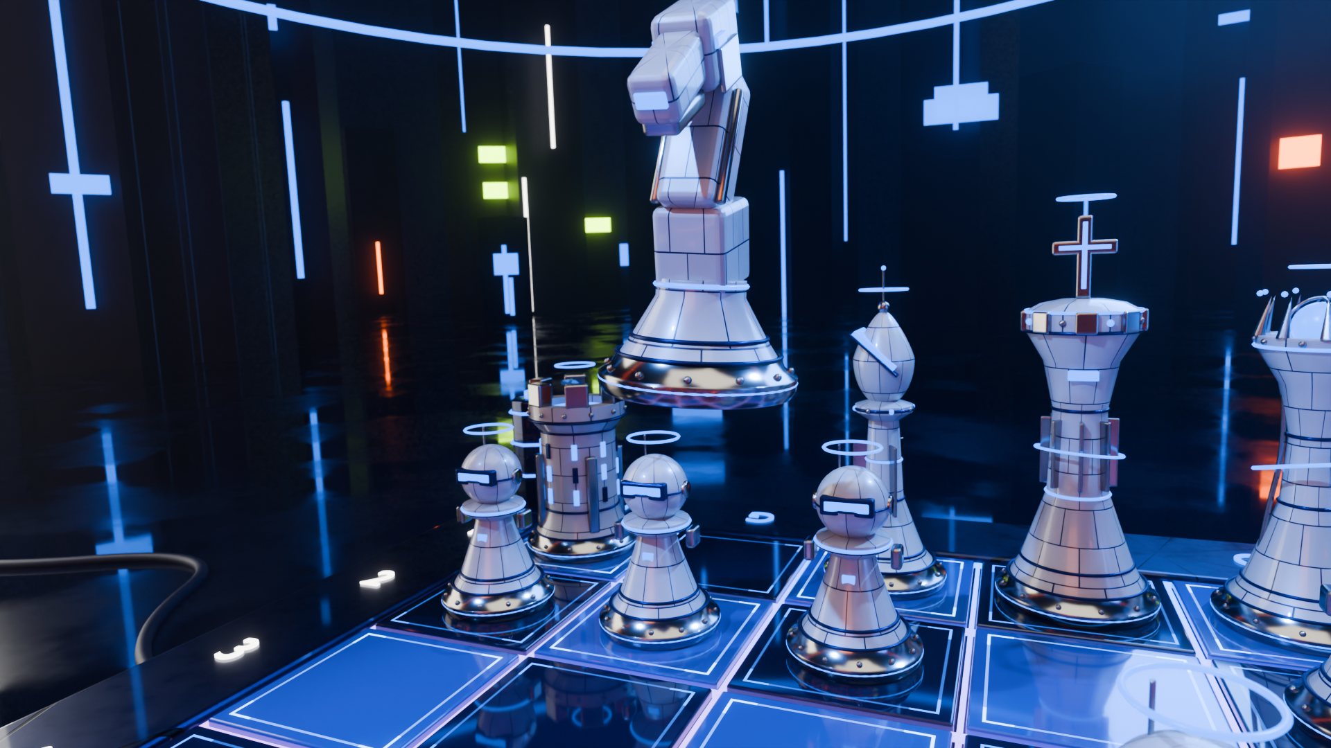 A white knight in the air above its own pawns
